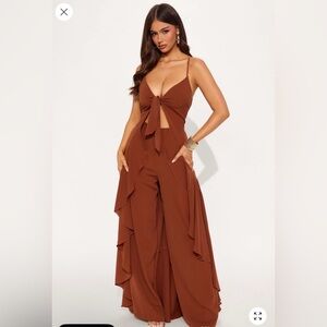 Tie-Front top Wide Leg pant set in chocolate